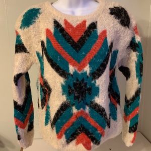 Oona & Maud fuzzy hair tribal print sweater S